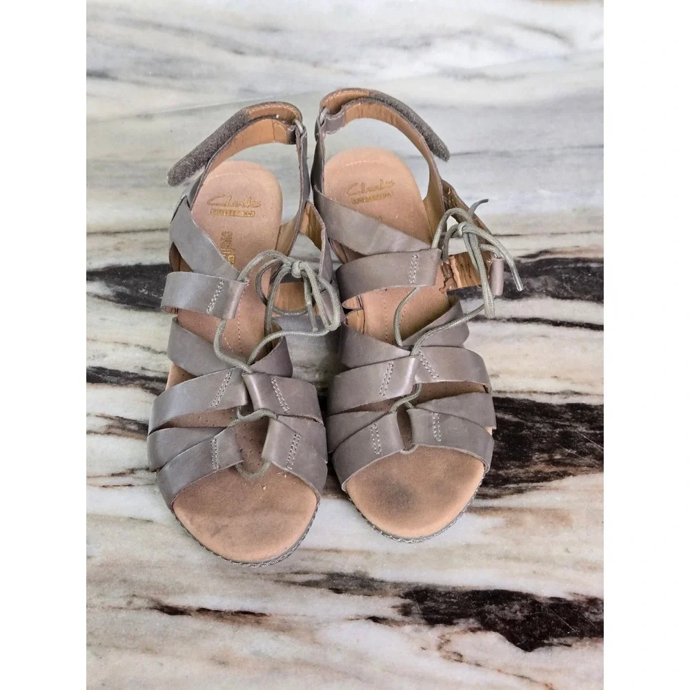 Clarks‎ Collection Taupe Leather Strappy Cork Wedge Sandals 9.5M